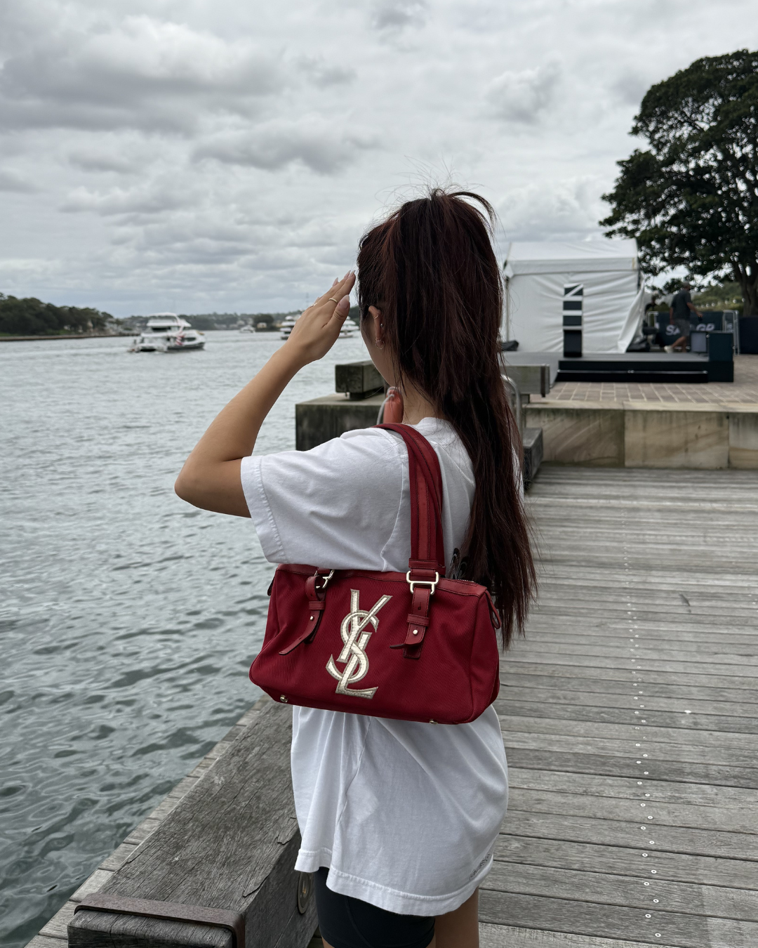 YSL Rive Gauche Red Canvas Tote With Oversized Logo