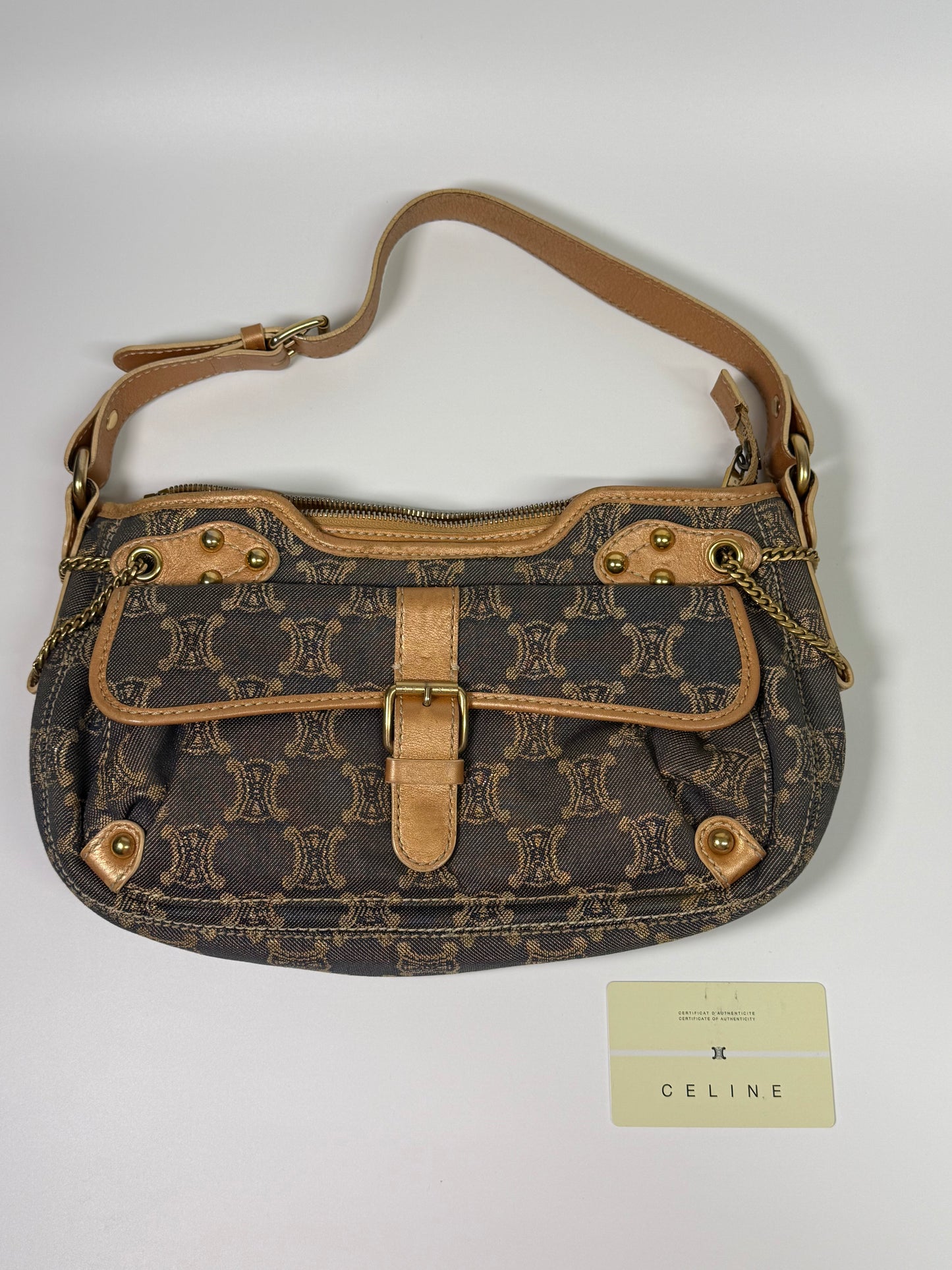 Celine Rose Gold / Blue Macadam Denim Shoulder Bag