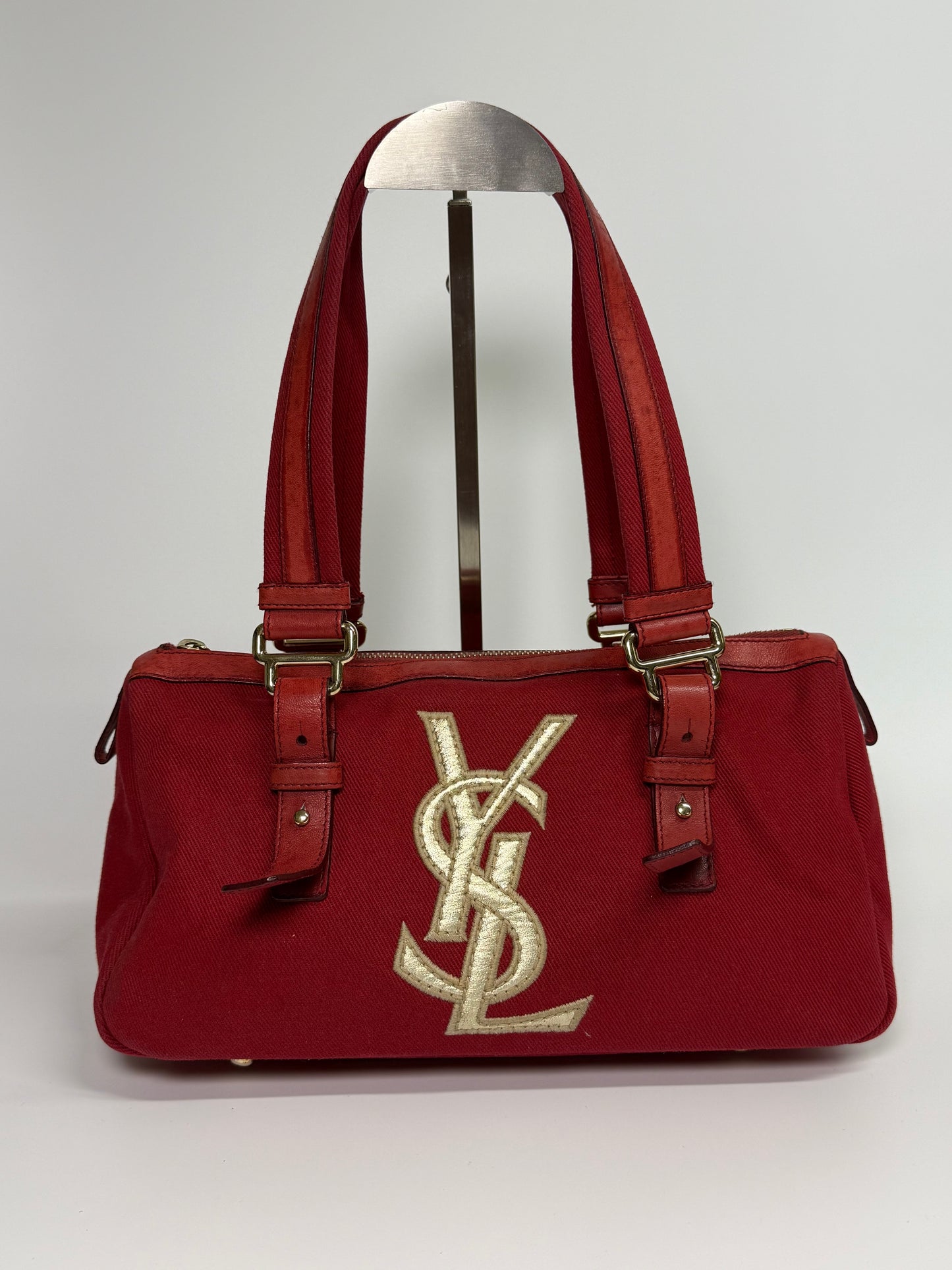 YSL Rive Gauche Red Canvas Tote With Oversized Logo