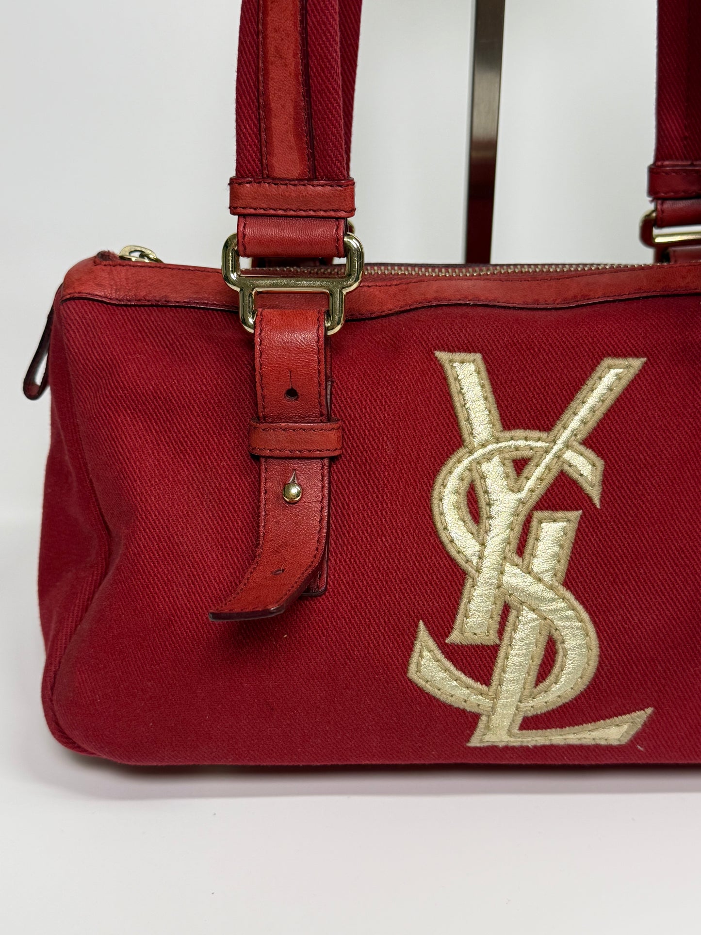 YSL Rive Gauche Red Canvas Tote With Oversized Logo