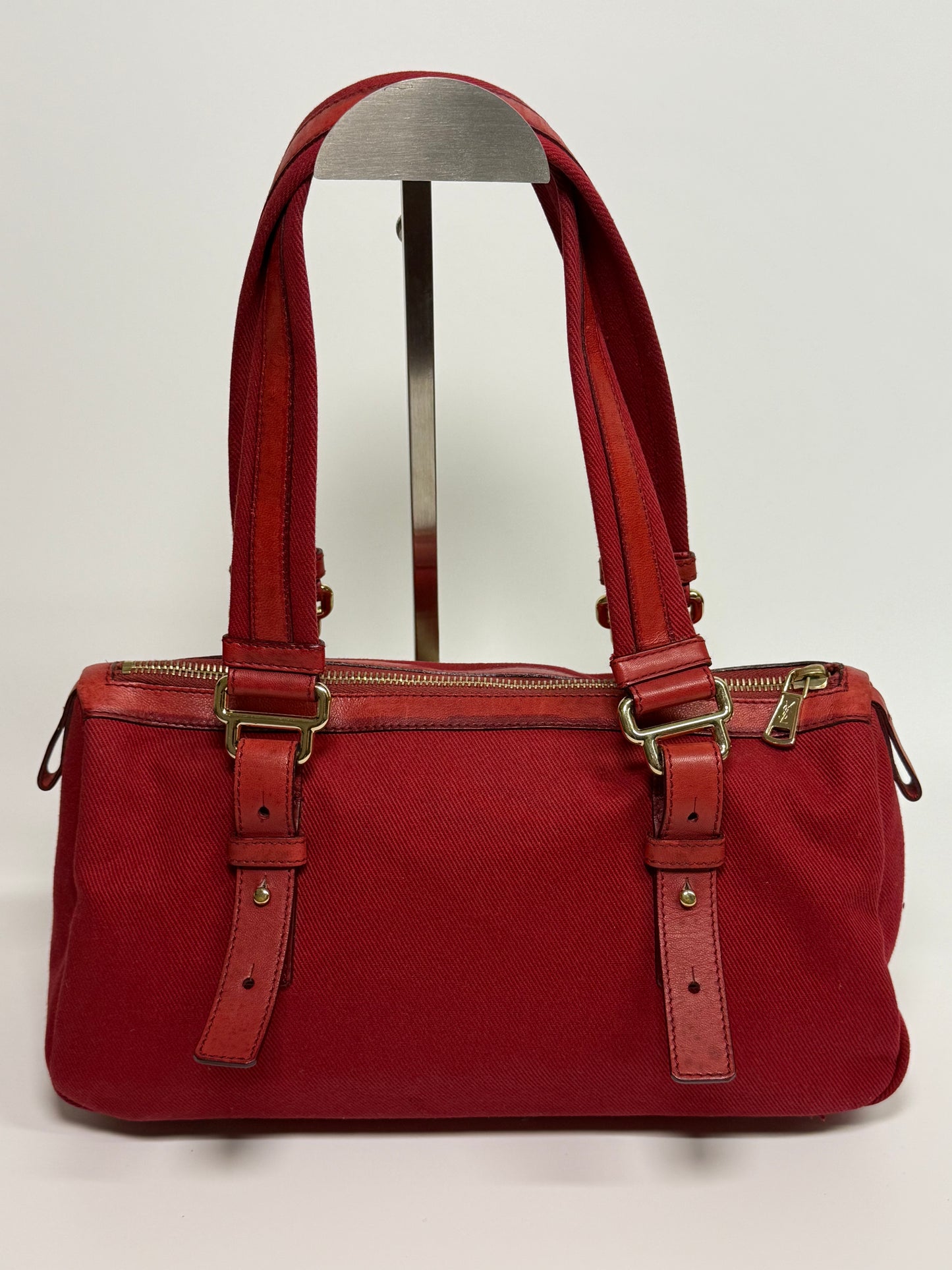 YSL Rive Gauche Red Canvas Tote With Oversized Logo