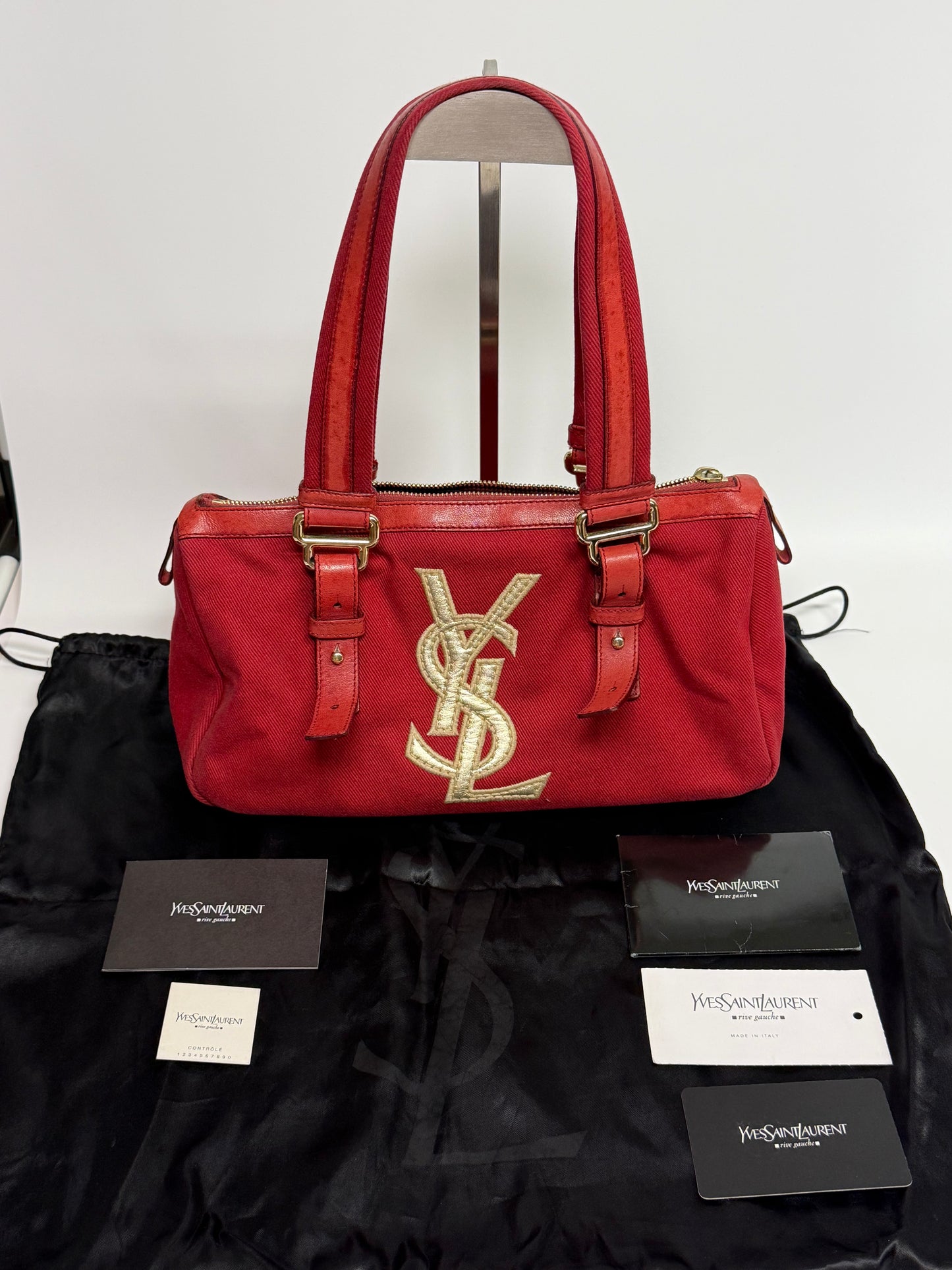 YSL Rive Gauche Red Canvas Tote With Oversized Logo