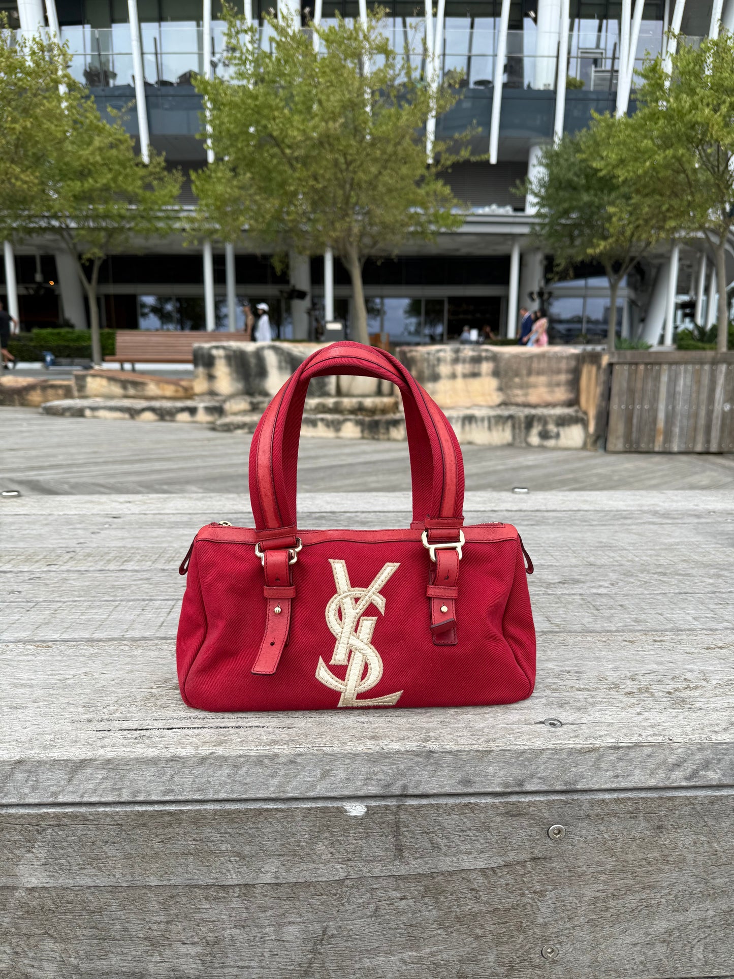 YSL Rive Gauche Red Canvas Tote With Oversized Logo